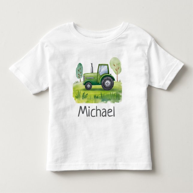 Camiseta Infantil Nome Personalizado Trator Verde Fazenda Aquarela   (Frente)