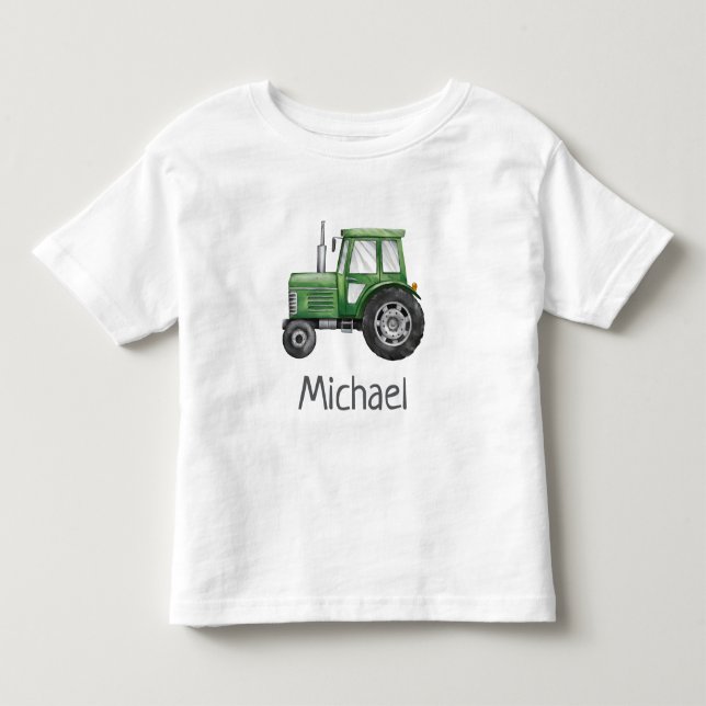 Camiseta Infantil Nome Personalizado Trator Verde Fazenda Aquarela   (Frente)