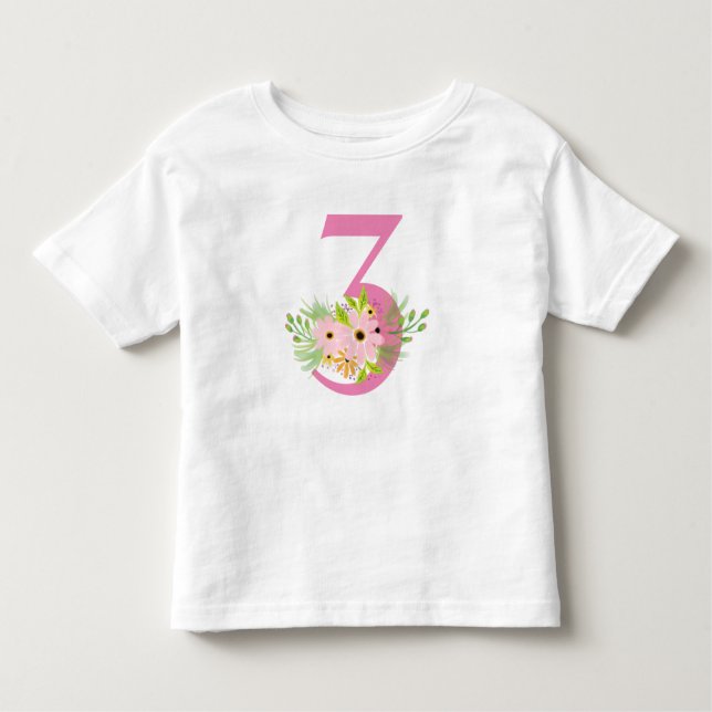 Camiseta Infantil Número 3 com Flores (Frente)