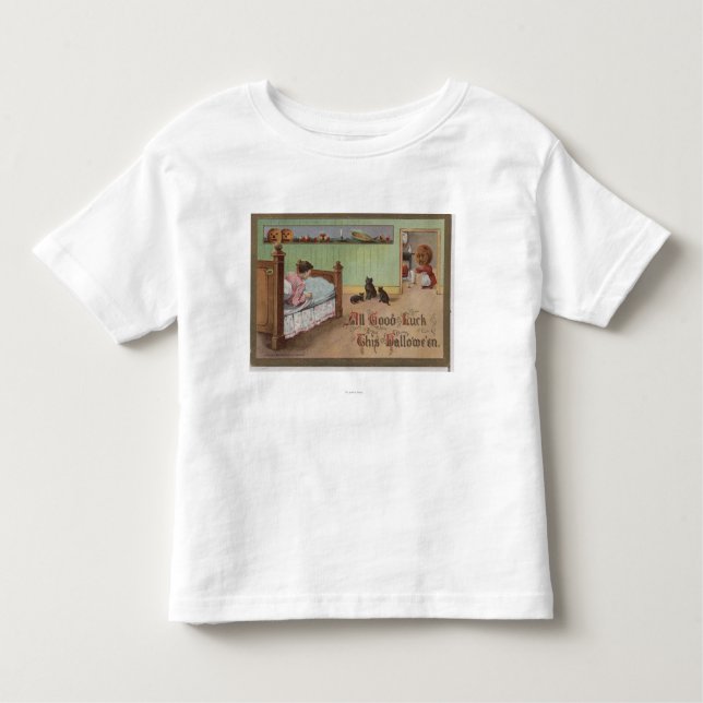 Camiseta Infantil O Dia das Bruxas GreetingKid na cama (Frente)