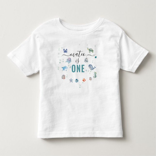 Camiseta Infantil Ocean Animal One Custom Name primeiro aniversario (Frente)