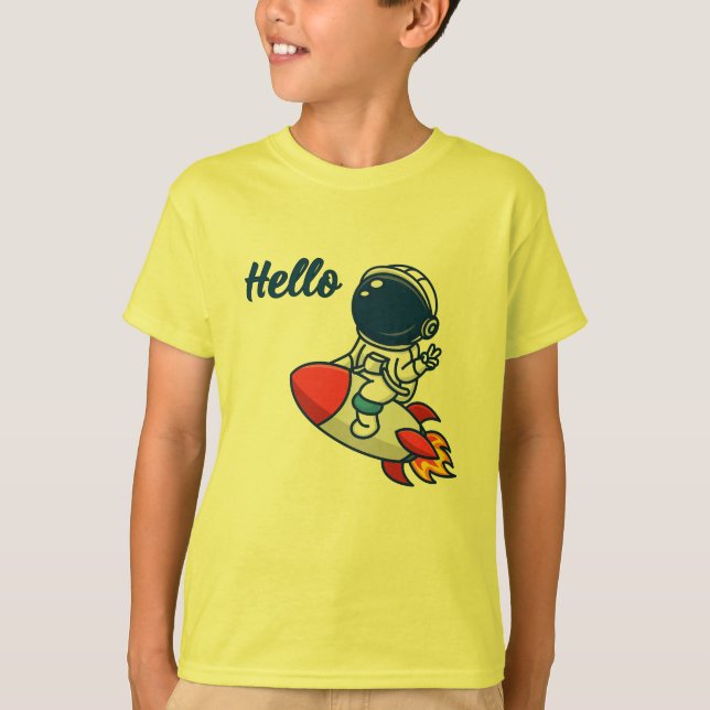Camiseta Infantil "Olá" Astronauta Fofo Pilotando  (Frente)