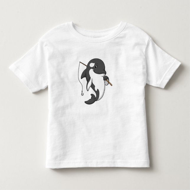 Camiseta Infantil Orca como pescador com cana de pesca (Frente)