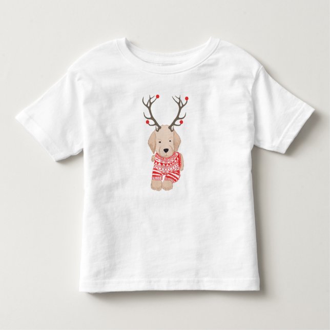 Camiseta Infantil Ouro de Natal Retriever Puppy Antlers Sweet (Frente)
