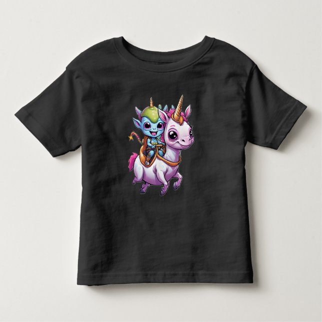 Camiseta Infantil OVNI (Cute Space Alienígena) montando um unicórnio (Frente)