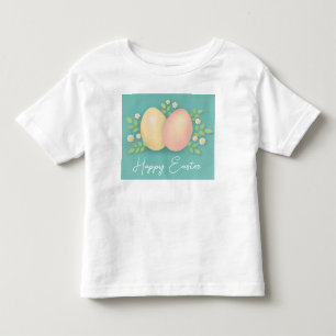 Camiseta Infantil Ovos e flores de Páscoa, rosa-azul e amarela