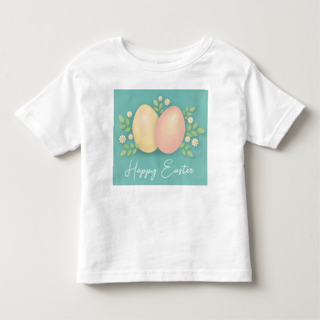 Camiseta Infantil Ovos e flores de Páscoa, rosa-azul e amarela (Frente)
