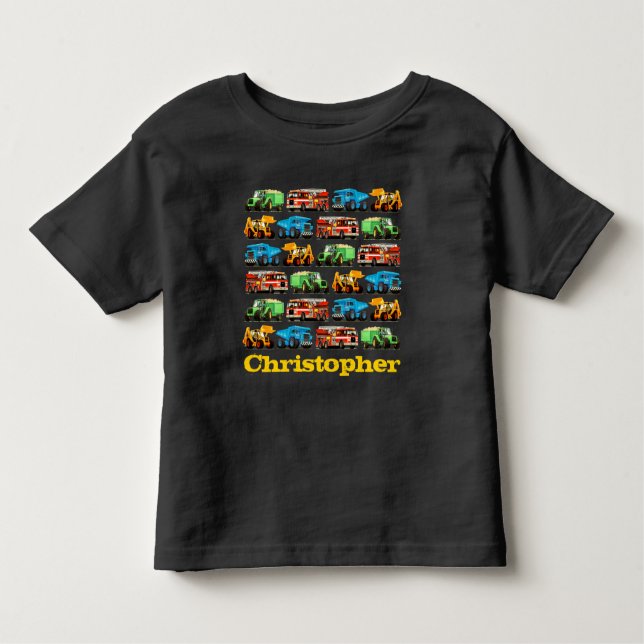 Camiseta Infantil Padrão de Caminhão de Construção de Nome Personali (Frente)
