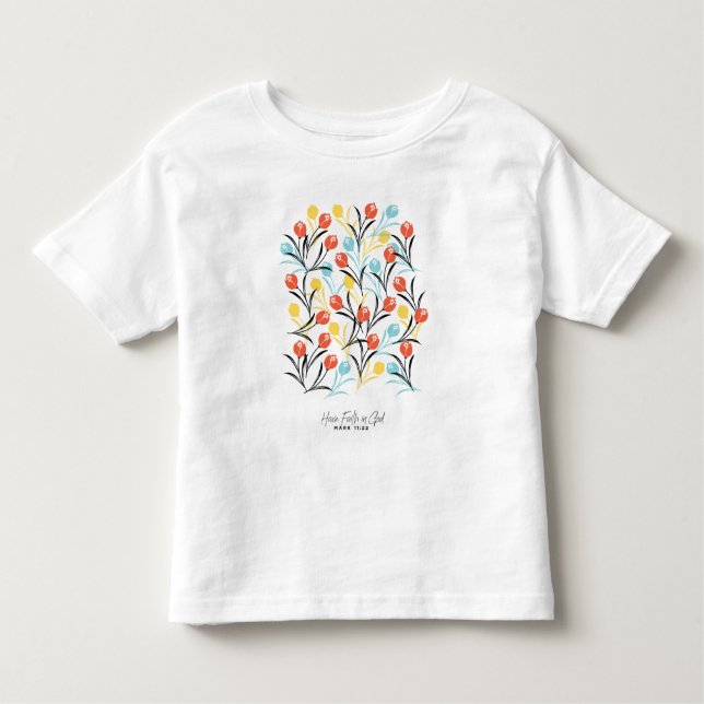 Camiseta Infantil Padrão de Tulipas Vibrante Design Floral em Branco (Frente)