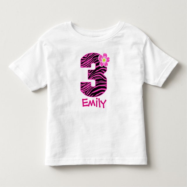Camiseta Infantil Padrão de Zebra Negra-Rosa-Quente e aniversário de (Frente)