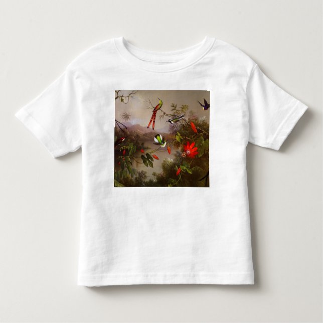 Camiseta Infantil Paisagem tropical com dez beija-flores (Frente)
