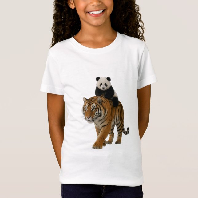 Camiseta Infantil Panda Fofo Cavalgando um Tigre (Frente)
