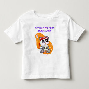Camiseta Infantil Panda Pirata Kawaii de Halloween Bebendo Chá Boba