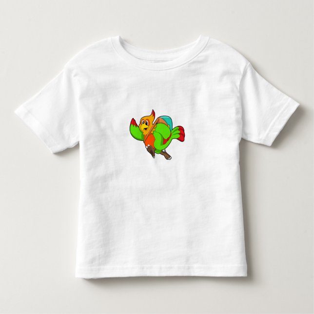 Camiseta Infantil Papagaio como Hiker com mochila (Frente)