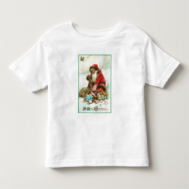 Camiseta Infantil Papai noel do Feliz Natal que embala brinquedos em (Frente)