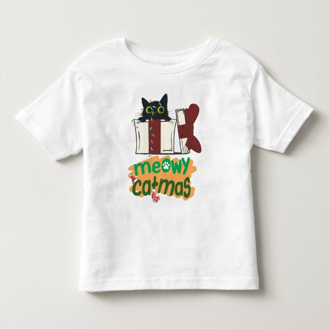 Camiseta Infantil Papais noeis pretos Gato enredado em luzes de árvo (Frente)