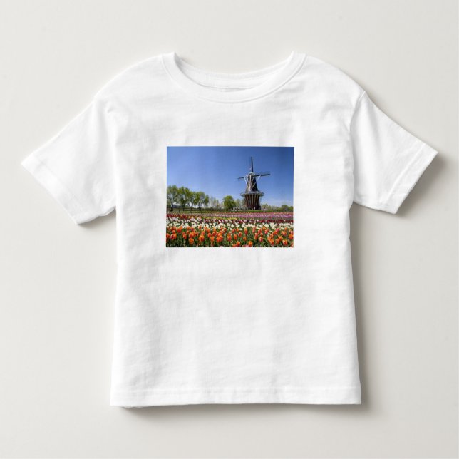 Camiseta Infantil Parque Windmill Island com tulipas em floração em (Frente)