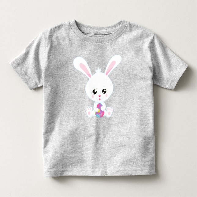 Camiseta Infantil Páscoa, Coelhinho Bonito, Coelhinho Branco, Ovos D (Frente)