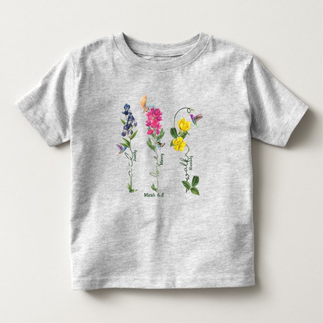 Camiseta Infantil Pássaro Com Justiça Flor Ama Compaixão E Caminha J (Frente)
