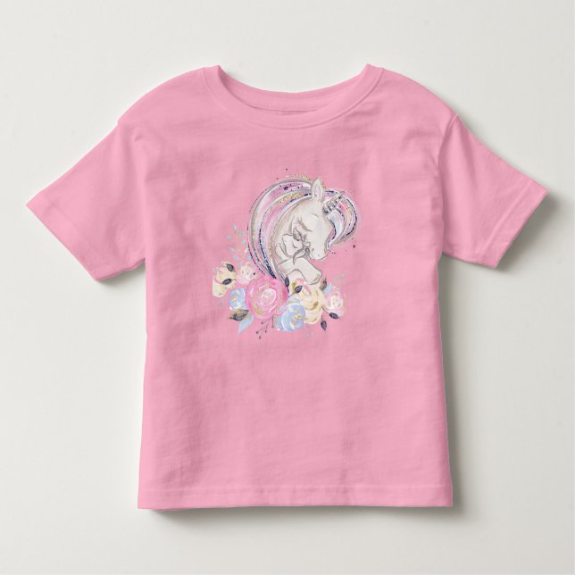 Camiseta Infantil Pastel Dourado Glitter Unicorn e Bebê com Flores (Frente)