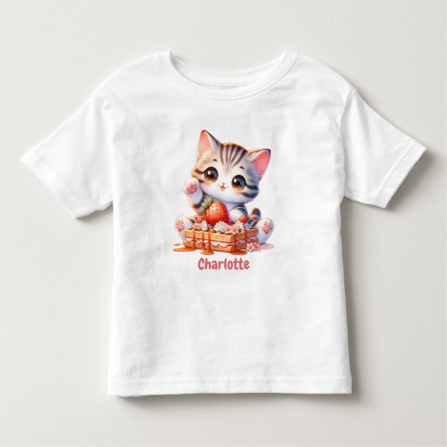 Camiseta Infantil Pastel Pink Cute Kitten with Dessert Waffles (Frente)