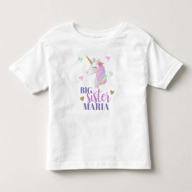 Camiseta Infantil Pastel Rainbow Unicorn e Hearts Big Sister (Frente)