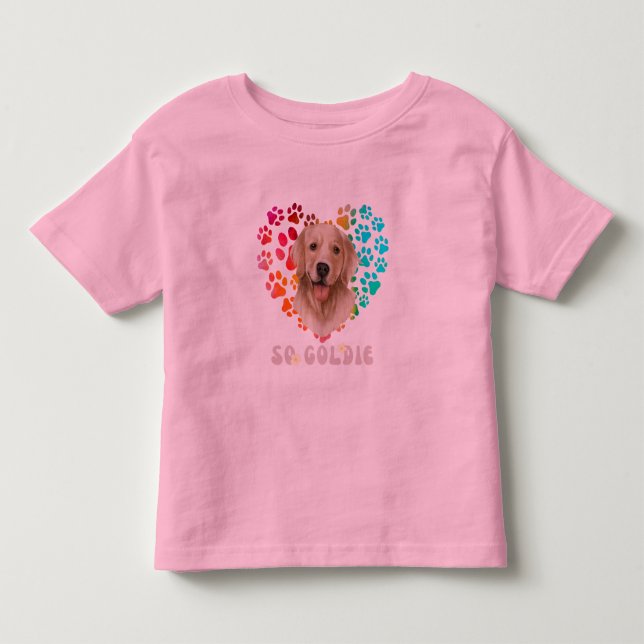 Camiseta Infantil Pata branca Gradiente do arco-íris Cachorro ouro (Frente)