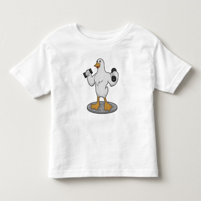 Camiseta Infantil Pato como Bodybuilder com Dumbbells (Frente)