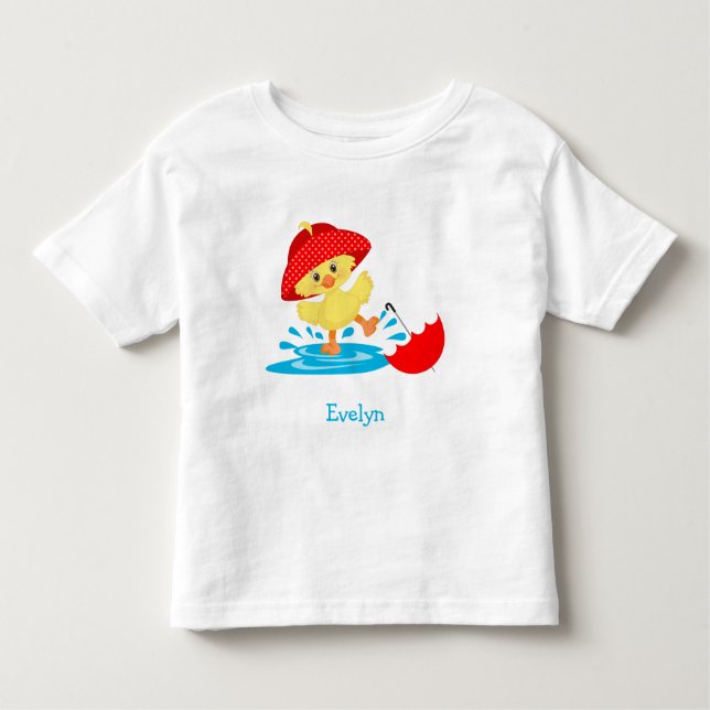 Camiseta Infantil Pato Feliz e Bonito em Chuva com Nome (Frente)
