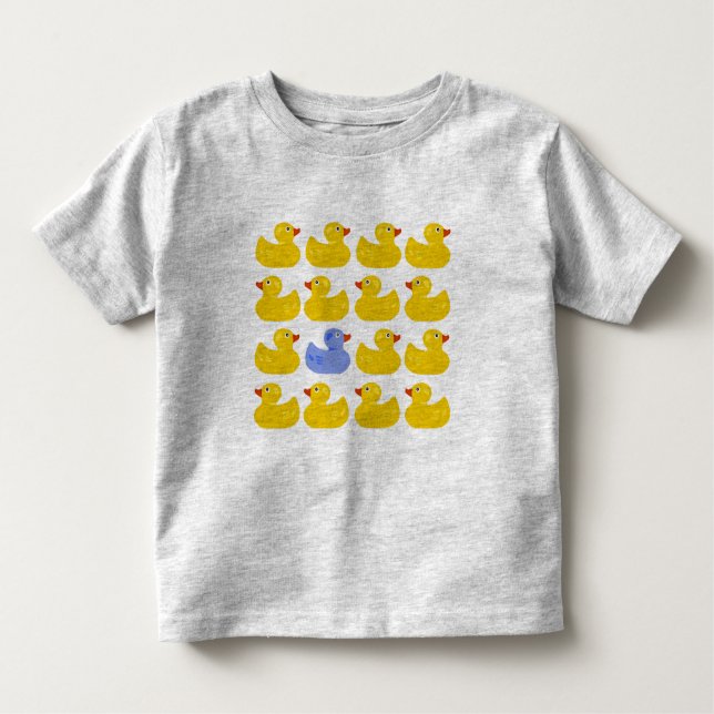 Camiseta Infantil Patos de borracha amarelos com o um pato azul (Frente)