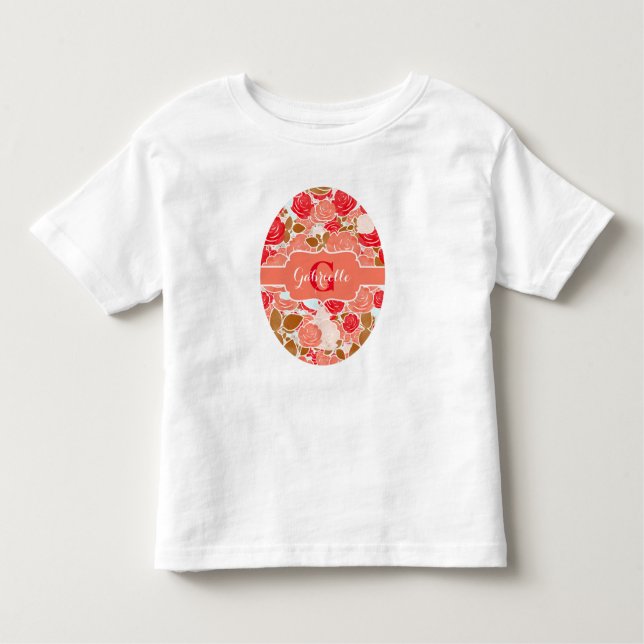 Camiseta Infantil Peach e Rosas de Aquarela Dourada Monograma Floral (Frente)