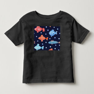Camiseta Infantil Peixes Coloridos e Pérolas em Fundo Azul Marinho