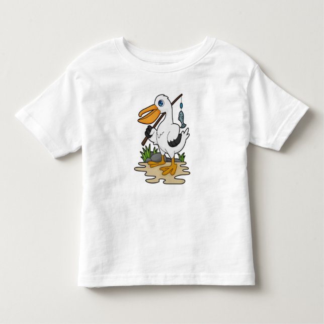 Camiseta Infantil Pelicano como pescador com cana de pesca e peixe (Frente)