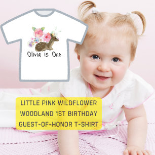 Camiseta Infantil Pequena Flor Silvestre Rosa Floresta 1º aniversári