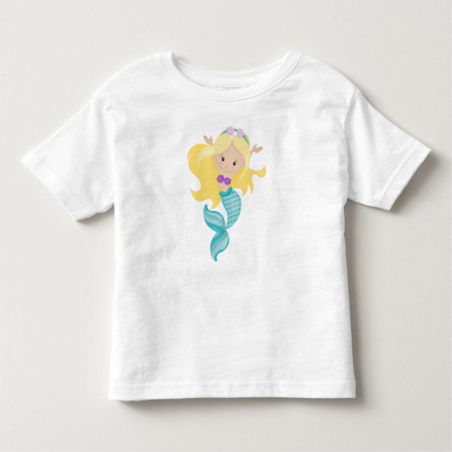Camiseta Infantil Pequena Sereia, Sereia Bonita, Cabelo Loiro, Conch (Frente)