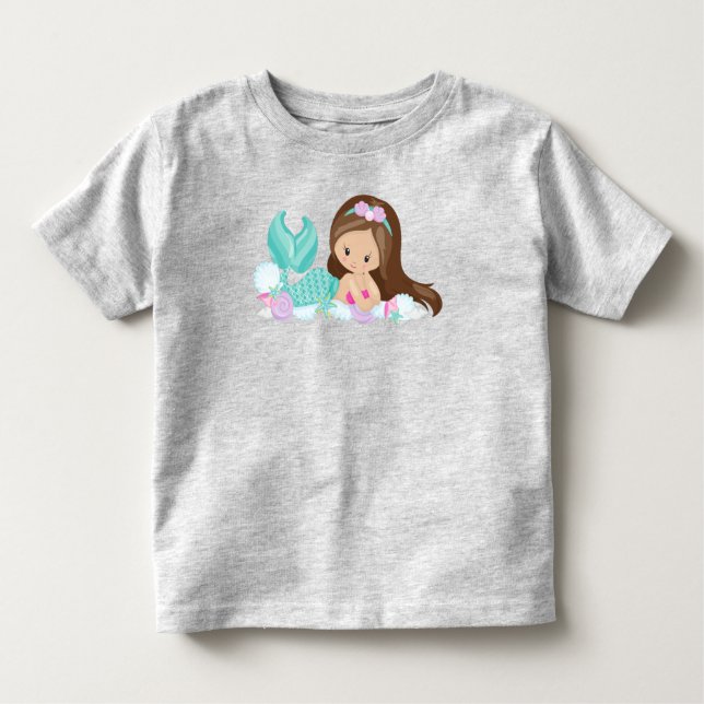Camiseta Infantil Pequena Sereia, Sereia Bonita, Conchas, Cabelo Mar (Frente)