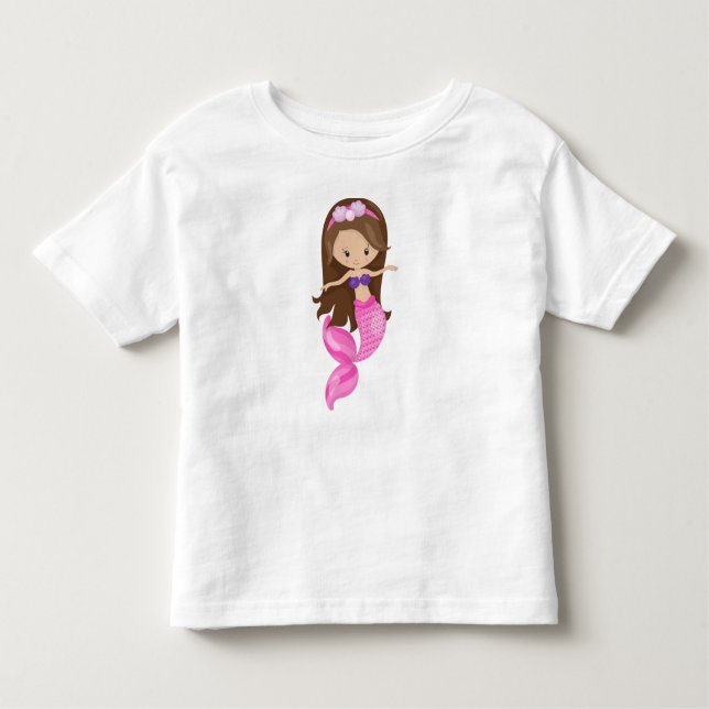 Camiseta Infantil Pequena Sereia, Sereia Gira, Cabelo Marrom, Concha (Frente)