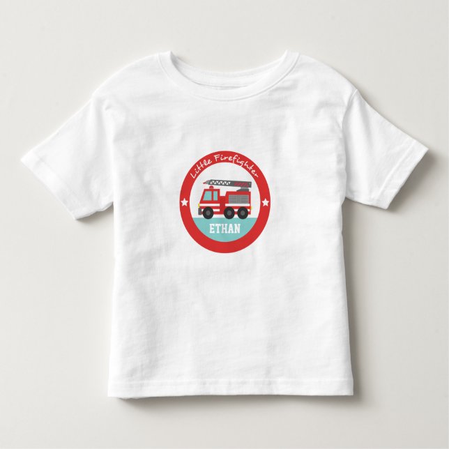 Camiseta Infantil Pequeno Bombeiro, Caminhão de Fogo Vermelho, Para  (Frente)