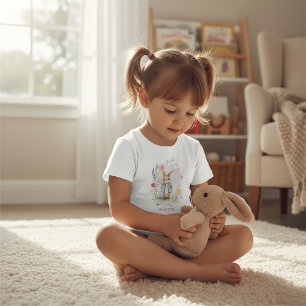 Camiseta Infantil Pequeno Coelho Quadro Floral Aquarela Infantil