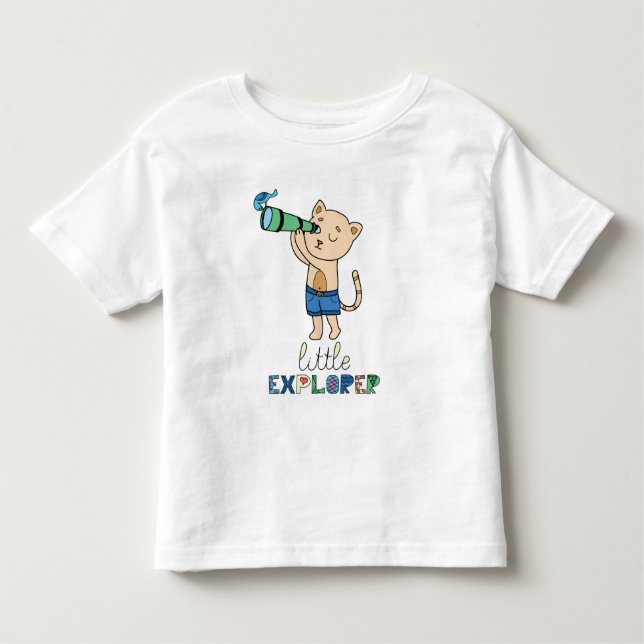 Camiseta Infantil Pequeno Explorador, Gato Bonito com Telescópio (Frente)