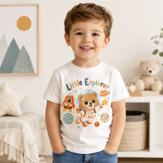 Camiseta Infantil Pequeno Urso Explorador Astronauta Aventureiro Esp