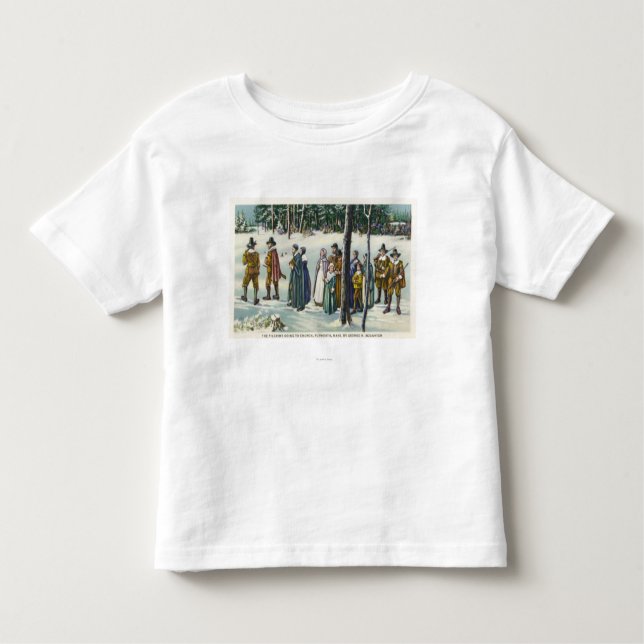 Camiseta Infantil Peregrinos que vão à igreja na cena da neve (Frente)