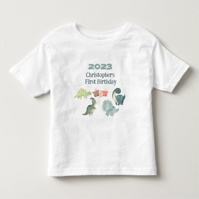 Camiseta Infantil Personalizar Nome Ano Primeiro Aniversário Dino Fo (Frente)