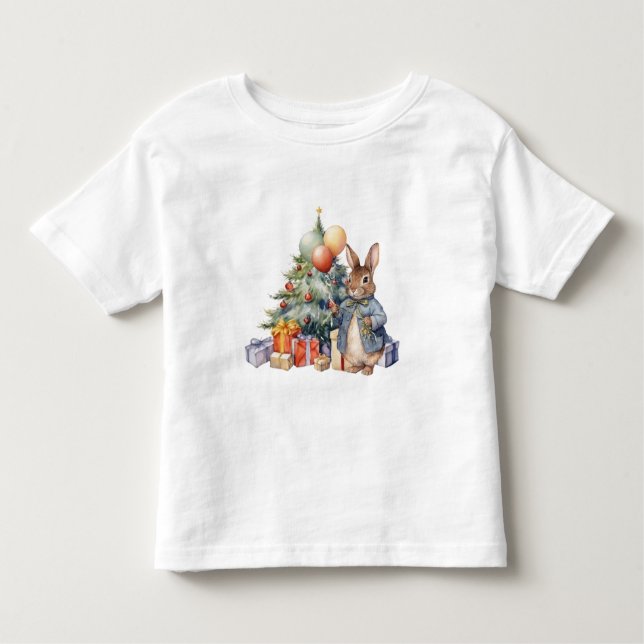 Camiseta Infantil Peter, o coelho Balões e a árvore de Natal (Frente)