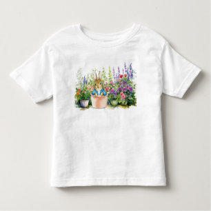 Camiseta Infantil Peter o Coelho em pote no seu jardim
