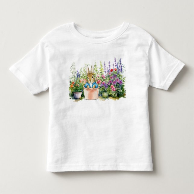 Camiseta Infantil Peter o Coelho em pote no seu jardim (Frente)