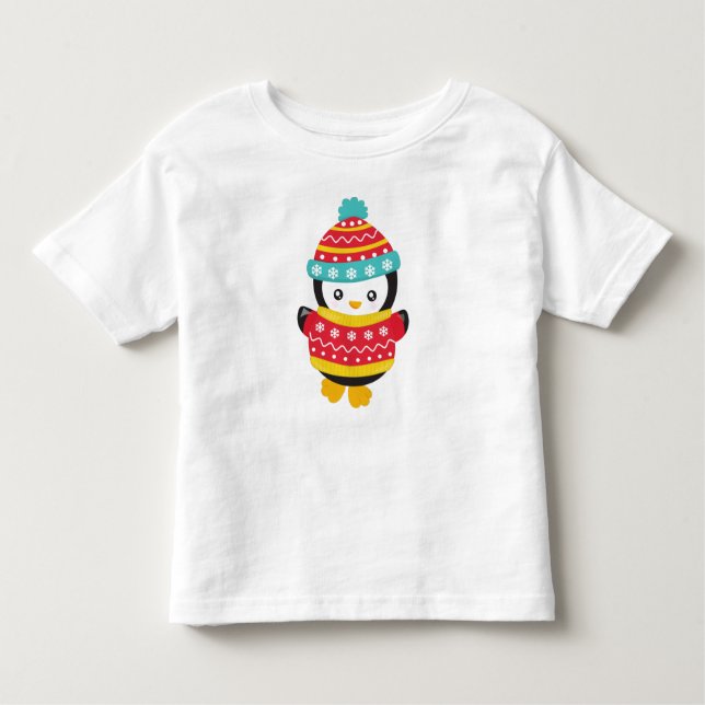 Camiseta Infantil Pinguim Bonito, Pinguim Com Suéter, Chapéu (Frente)