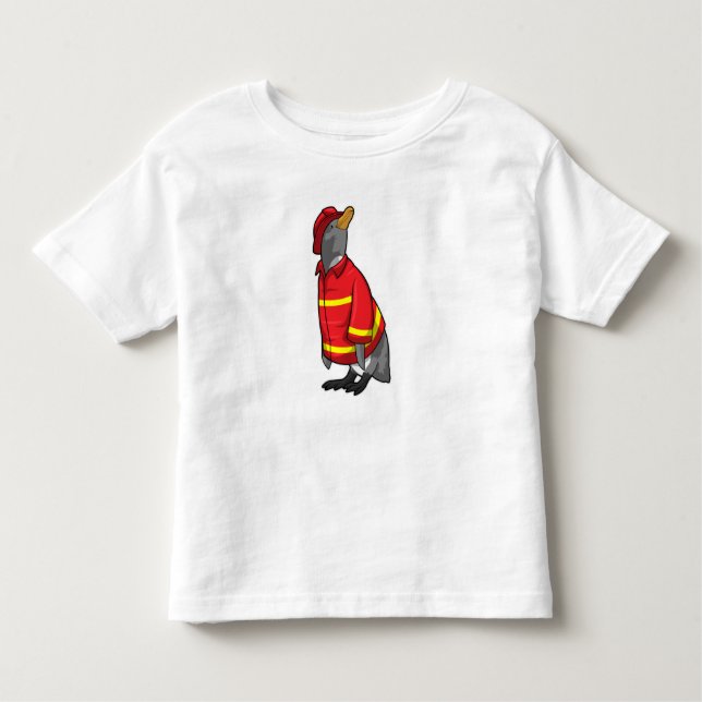Camiseta Infantil Pinguim como Bombeiro com Capacete (Frente)
