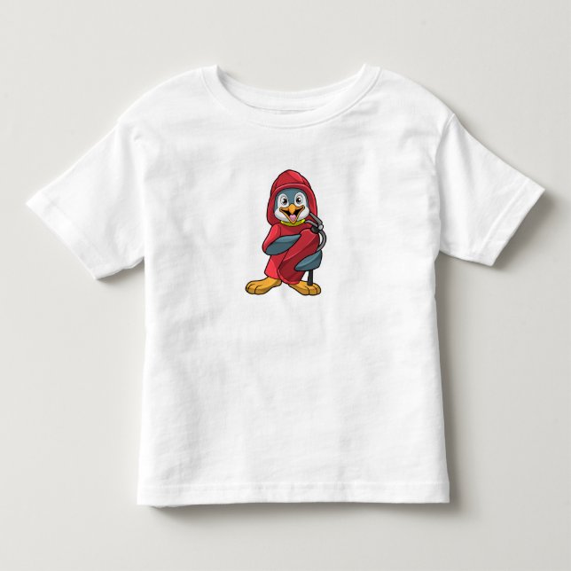 Camiseta Infantil Pinguim como Bombeiro com Extintor (Frente)
