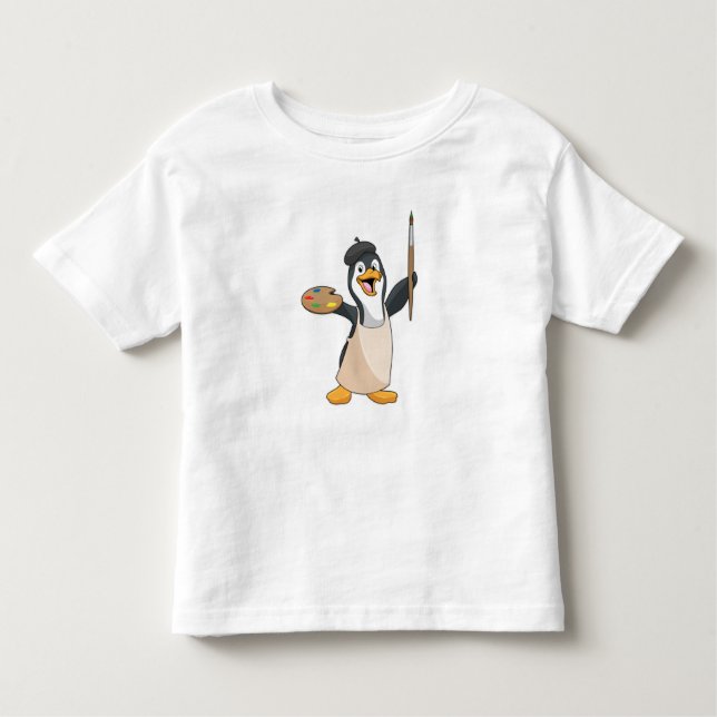 Camiseta Infantil Pinguim como Pincel com Pincel de Tinta e Cor (Frente)